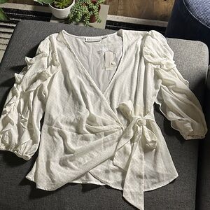 NWT New York & Company White Ruffle Sleeve Wrap Blouse